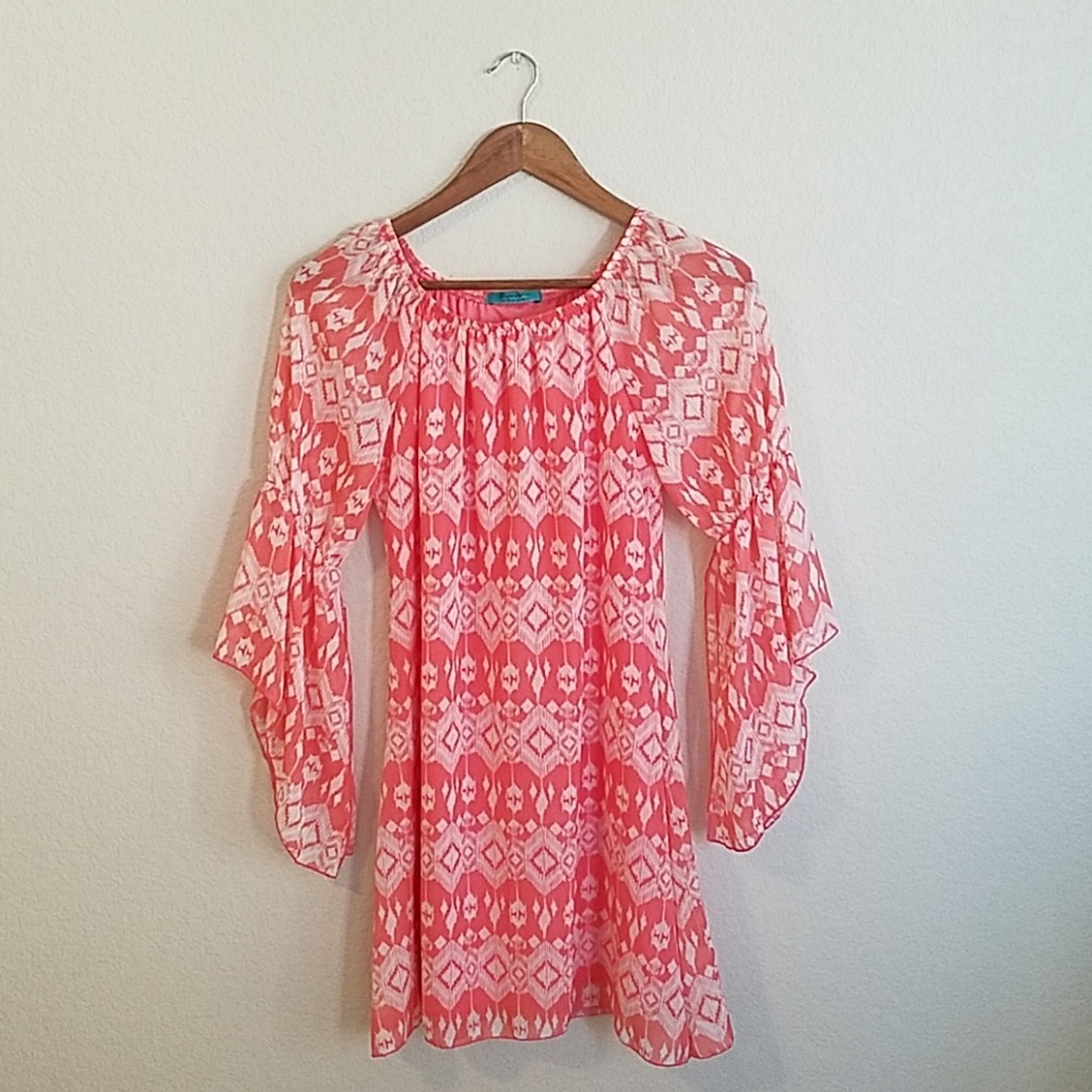 Pink and White Bell Sleeve Loose Runic Dress Small